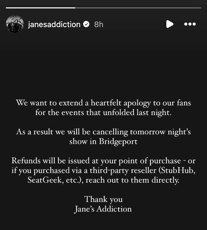 Jane's Addiction took to its Instagram Stories to extend a "heartfelt apology" to fans after frontman Perry Farrell threw a punch at Dave Navarro during a show in Boston on Friday.