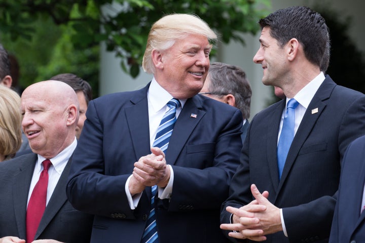 Former President Donald Trump and U.S. House Speaker Paul Ryan speak during a news conference with GOP members on the passage of legislation to repeal the Affordable Care Act in the Rose Garden of the White House on May 4, 2017.