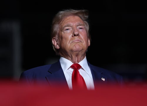 LAS VEGAS, NEVADA - SEPTEMBER 13: Republican presidential nominee, former U.S. President Donald Trump, looks one during a campaign rally at The Expo at World Market Center Las Vegas on September 13, 2024 in Las Vegas, Nevada. With 53 days before election day, Former President Trump continues to campaign. (Photo by Justin Sullivan/Getty Images)