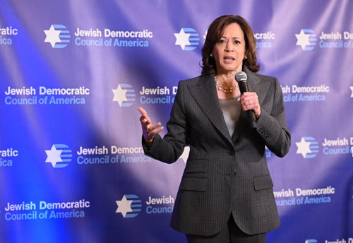 Vice President Kamala Harris speaks at the Jewish Democratic Council of America in May 2023. Jewish voters are reliably Democratic, but even a minor shift could affect results.