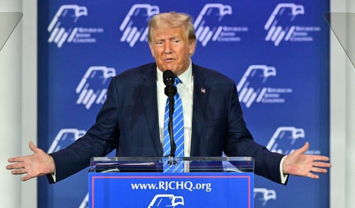 Former President Donald Trump addressed the Republican Jewish Coalition in October. He has sought to exploit some Jews' discomfort for the activist left's positions on Israel.