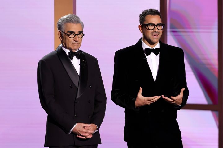 Daniel Levy and Eugene Levy teamed up to host Sunday's 76th Primetime Emmy Awards in LA.