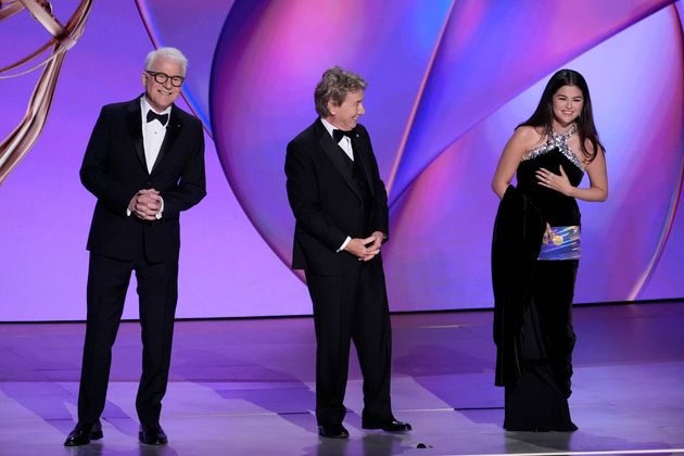 Steve Martin, Martin Short and Selena Gomez on stage at the 2024 Emmys