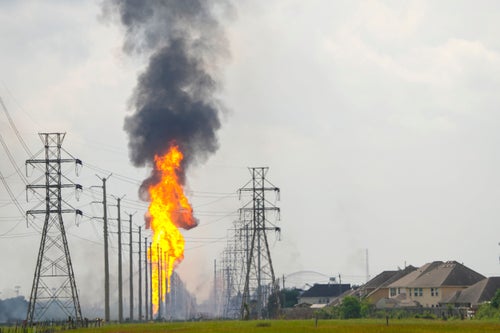 Flames burn from a pipeline on Monday in La Porte, Texas.