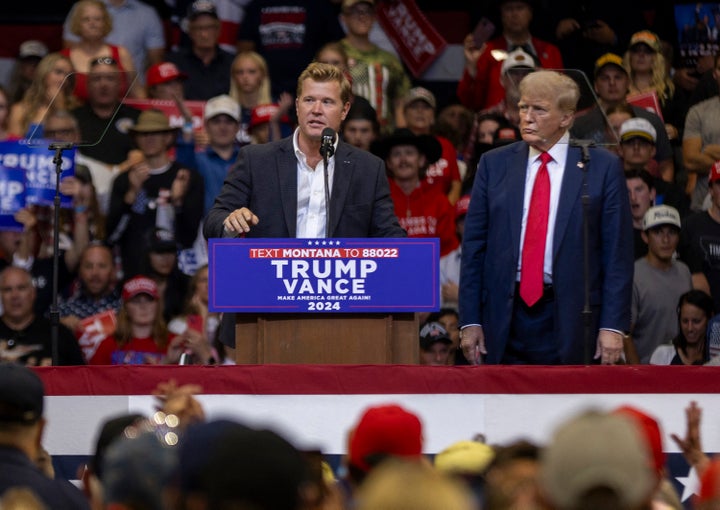 Tim Sheehy, a Republican Senate candidate from Montana, speaks at an Aug. 9 rally for presidential nominee Donald Trump in Bozeman.