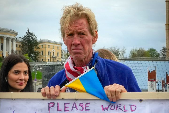 Ryan Wesley Routh takes part in an April 30, 2022, rally in central Kyiv, Ukraine.