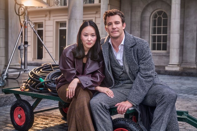 Yerin Ha and Luke Thompson on the set of Bridgerton season 4