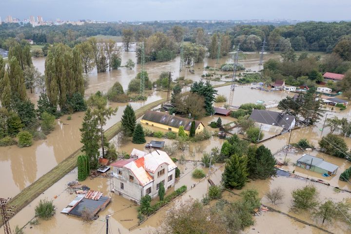 An aerial view of a flooded neighborhood in Ostrava, Czech Republic, on Sept. 16, 2024.