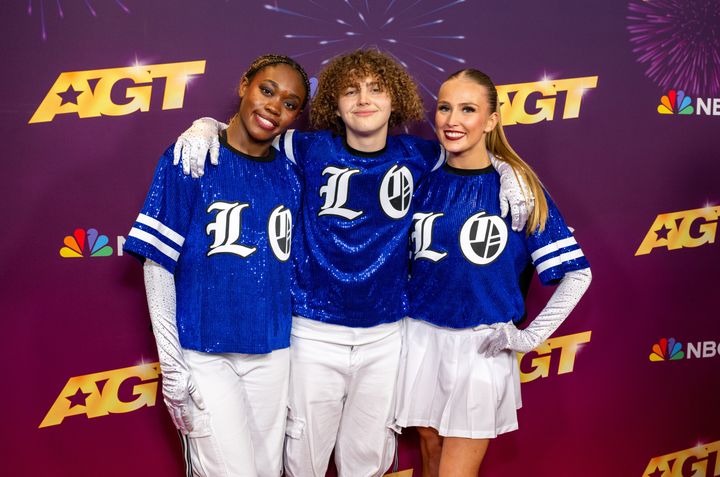 Emily Gold (right) with other members of the Los Osos High School dance group at the red carpet for the quarterfinals last month.