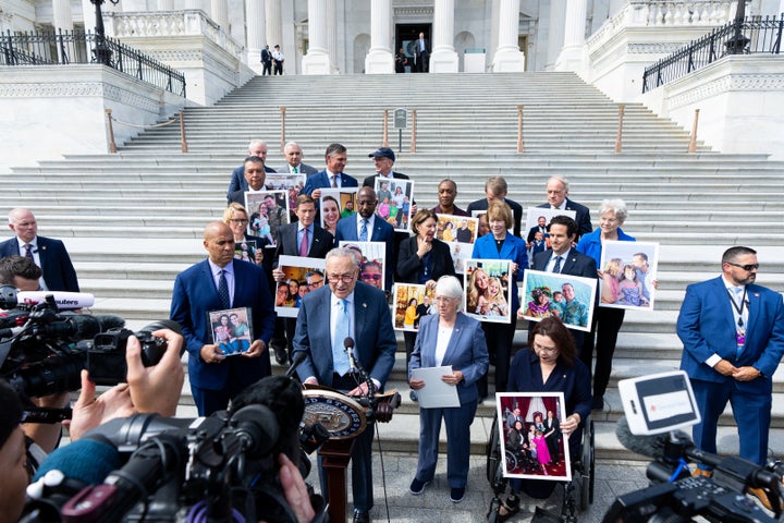 Senate Democrats speak on the Senate steps before a vote on the Right to IVF Act.