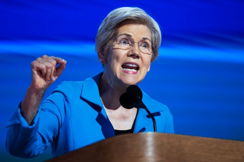 Sen. Elizabeth Warren, D-Mass., speaks on the final night of the Democratic National Convention at the United Center in Chicago, Ill., on Thursday, August 22, 2024.