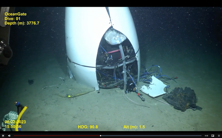 A close-up of the Titan submersible's detached tail cone.