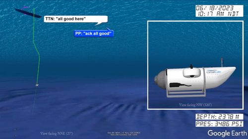 In a still from a video animation provided by the U.S. Coast Guard, an illustration of the Titan submersible is shown near the ocean floor of the Atlantic Ocean.