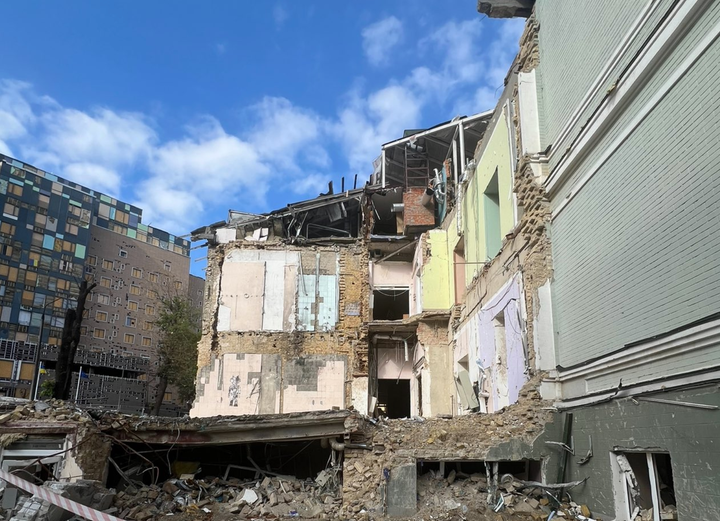 The remains of Okhmatdyt children’s hospital in Kyiv, which was targeted by Russian bombs in July.