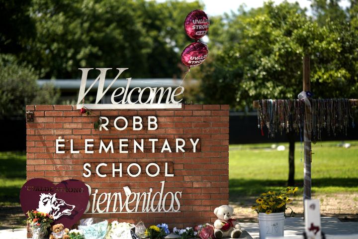 Objects left at Robb Elementary School to commemorate the anniversary of the shooting that killed 19 pupils and two teachers in Uvalde, Texas.