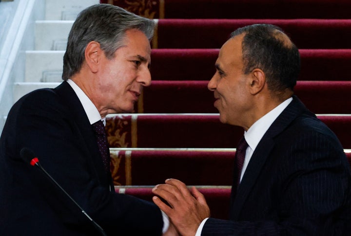 U.S. Secretary of State Antony Blinken (L) shakes hands with Egyptian Foreign Minister Badr Abdelatty after a joint press conference at Cairo's Tahrir Palace on Sept. 18, 2024. This is Blinken's 10th trip to the Middle East since the start of Israel's military offensive in Gaza, to try to revive stalled ceasefire talks.