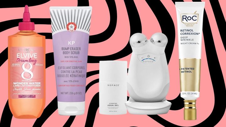 An eight-second shine treatment for hair, First Aid Beauty's 10% AHA bump-eraser, the NuFace Trinity facial toning device and a retinol moisturizer.