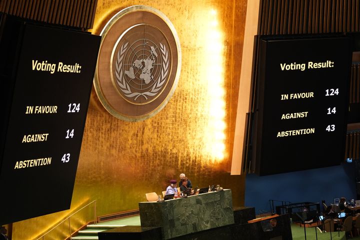 The UN General Assembly endorses a resolution calling for an end to Israel's 'unlawful' presence in the region within 12 months, which was introduced by Palestine in New York, United States on September 18, 2024.