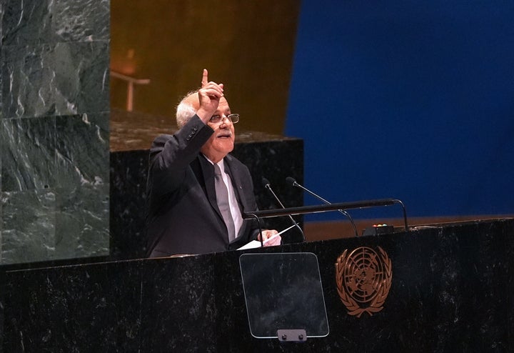 General News Riyad Mansour, Permanent Observer of Palestine to the United Nations speaks to the U.N. General Assembly in New York on Tuesday. The world body voted in favor of a resolution demanding that Israel urgently end its occupation of Palestinian territories.