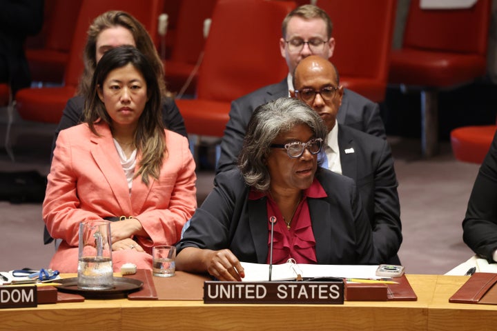 General News Linda Thomas-Greenfield, United States ambassador to the United Nations, speaks during a U.N. Security Council meeting on the situation in the Middle East on Monday in New York City. The U.N. General Assembly voted in favor of a resolution demanding Israel urgently end its decades-long occupation of Palestinian lands.