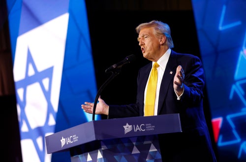 WASHINGTON, DC - SEPTEMBER 19: Republican presidential nominee former U.S. President Donald Trump delivers remarks at the Israeli American Council National Summit at the Washington Hilton on September 19, 2024 in Washington, DC. Trump addressed the pro-Israel conference, stating that if he is not elected president Israel will be “eradicated” within two years. (Photo by Kevin Dietsch/Getty Images)