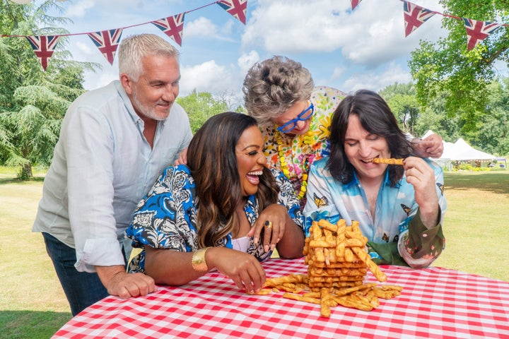 Prue with Bake Off co-stars Paul Hollywood, Alison Hammond and Noel Fielding