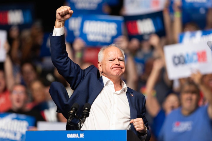 Minnesota Gov. and Democratic vice presidential nominee Tim Walz campaigned in the Omaha suburbs on Aug. 17, 2024.