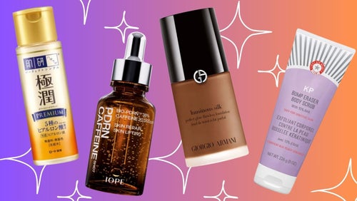 Hado Labo's premium hyaluronic acid solution, the Iope PDRN plumping serum, Giorgio Armani's Luminous Silk foundation and the bump-erasing body scrub by First Aid Beauty. 