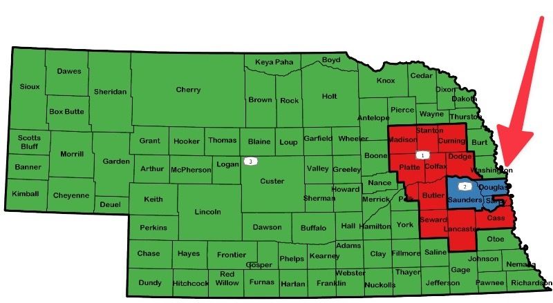 Congressional map of Nebraska, with arrow pointing toward the state's 2nd Congressional District