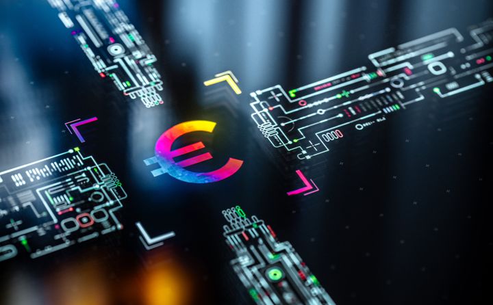 Euro digital currency concept background. Euro as a strongest currency for global payments and trading. Futuristic EUR icon in world of technological progress and innovation