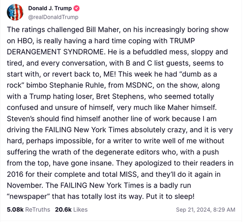 A screenshot of Donald Trump's TruthSocial post.