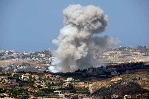 Smoke rises from Israeli shelling on villages in the Nabatiyeh district, seen from the southern town of Marjayoun, Lebanon, on Sept. 23, 2024.