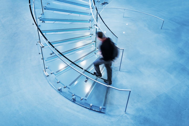 Modern Glass Staircase Silhouette of walking People