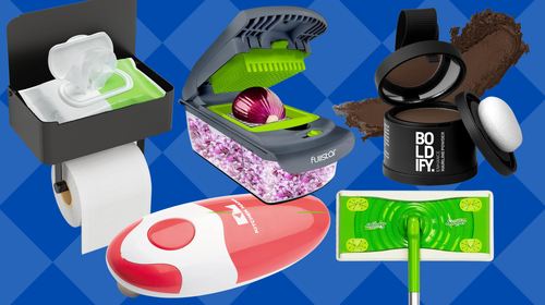 Toilet paper holder, electric can opener, veggie-chopping container, Swiffer mop and Boldify hair powder