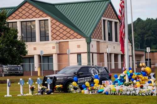 A memorial is seen at Apalachee High School after a school shooting in which four people were killed, on Sept. 7, 2024.