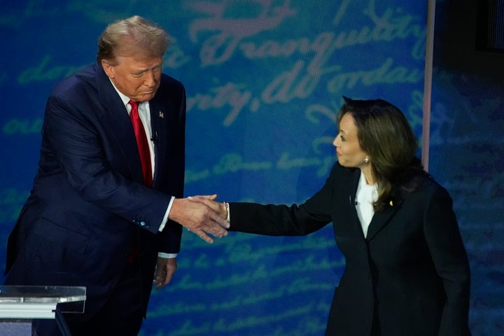 Former President Donald Trump shakes hands with Vice President Kamala Harris during an ABC News presidential debate at the National Constitution Center, Sept. 10, 2024, in Philadelphia. 