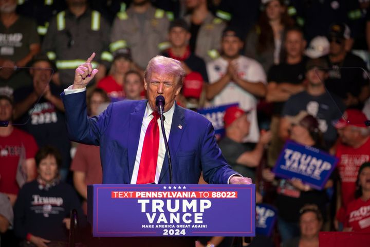 Republican presidential nominee former President Donald Trump yells "fight, fight, fight," during a campaign rally at Ed Fry Arena in Indiana, Pa., Monday, Sept. 23, 2024. 