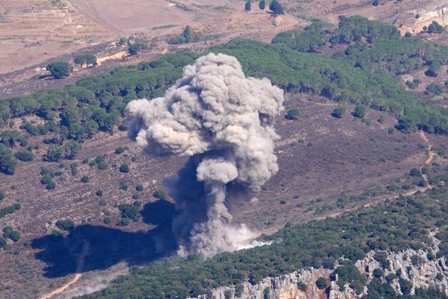 Smoke rises from an Israeli airstrike on the Mahmoudieh mountain, as seen from Marjayoun town, south Lebanon, Tuesday, Sept. 24, 2024.