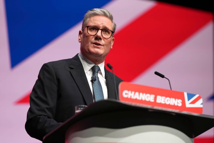 Britain's Prime Minister Keir Starmer addresses members at the Labour Party Conference in Liverpool, England, Tuesday, Sept. 24, 2024.(AP Photo/Jon Super)