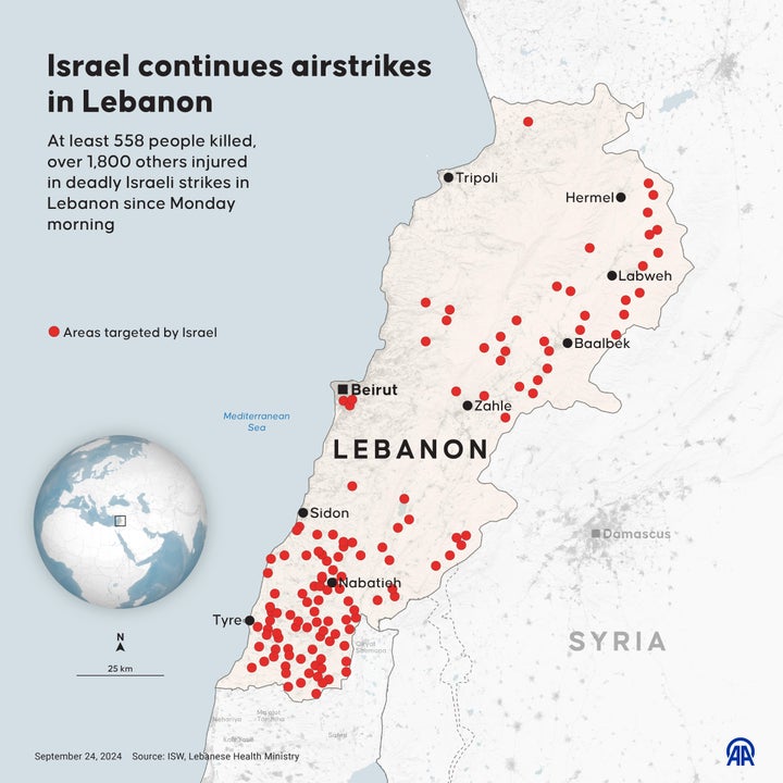 24 Σεπτεμβρίου 2024: Ο χάρτης με τα χτυπήματα του Ισραήλ στον Λίβανο τις τελευταίες 48 ώρες.