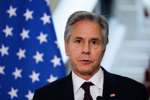 U.S. Secretary of State Antony Blinken attends a joint press conference with Egypt's Foreign Minister Badr Abdelatty, not pictured, in Tahrir Palace in Cairo, Egypt Wednesday, Sept. 18, 2024. (Evelyn Hockstein/Pool Photo via AP)