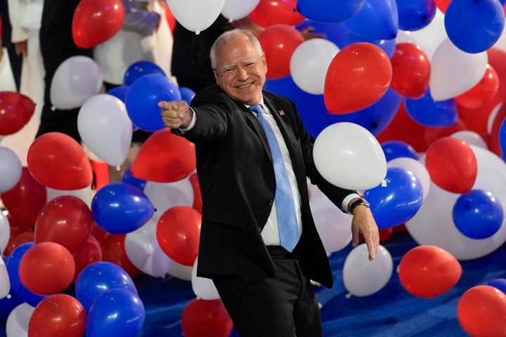 Democratic vice presidential nominee Tim Walz brings his white-guy energy to the Democratic National Convention on Aug. 22.