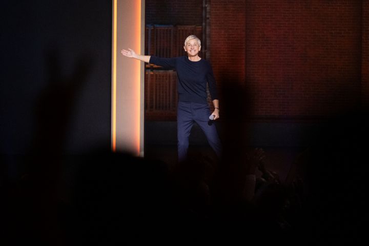 Ellen DeGeneres on stage during her comedy special For Your Approval