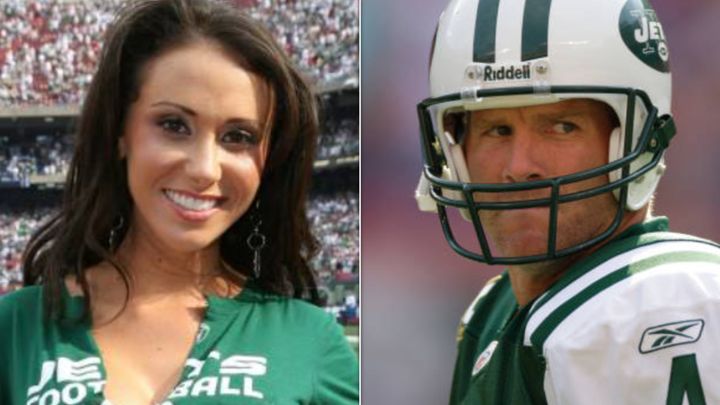 Jenn Sterger and Brett Favre are both pictured during the 2008 season. Sterger accused Favre of sending her explicit photos.