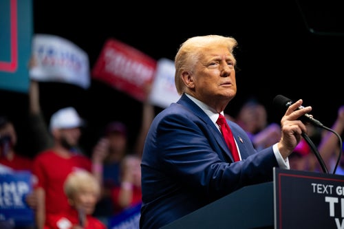 Republican Presidential candidate, former U.S. President Donald Trump speaks to attendees during a campaign rally at the Johnny Mercer Theatre on September 24, 2024 in Savannah, Georgia. (Photo by Brandon Bell/Getty Images)