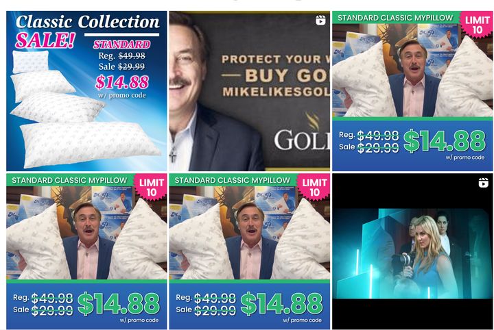 One image shows a series of recent social media posts from Lindell, some of which tout MyPillow's price tag of $14.88. Lindell said he did not know what the figure was. "1488" in the recent pricing of its pillows.