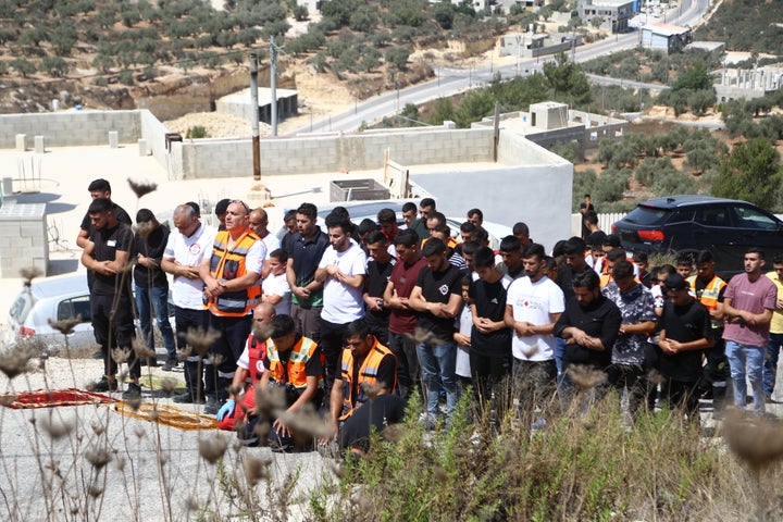 Palestinians in the occupied West Bank village of Beita hold both Friday prayers and a funeral prayer in absentia for slain Turkish American activist Ayşenur Ezgi Eygi, on Sept. 13, 2024. Eygi, 26, was killed on Sept. 6 by Israeli forces while protecting Palestinians peacefully protesting against settlement expansions in the West Bank.