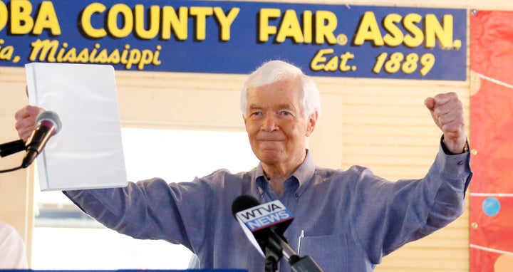 Former Sen. Thad Cochran (R-Miss.) gestures to the audience at the Neshoba County Fair in Philadelphia, Mississippi, on Thursday, July 31, 2014.