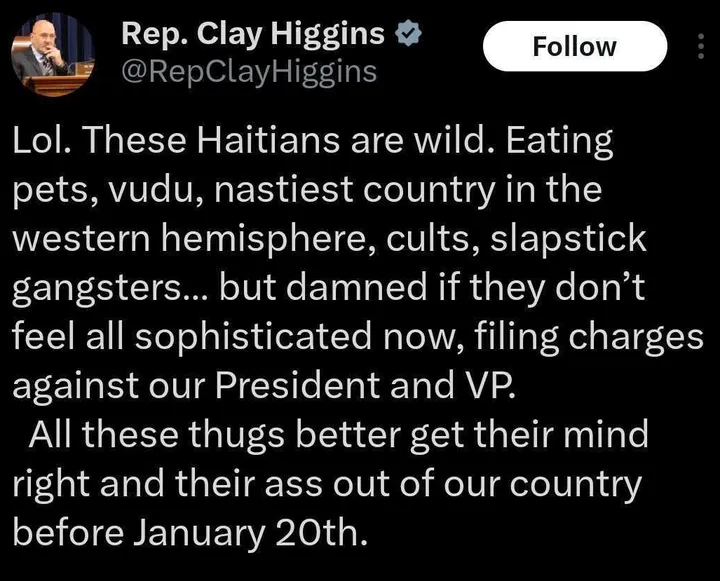 Louisiana GOP Congressman Clay Higgins Posts Incredibly Racist Tweet About Haitian People – Then Deletes It – Then Defends it (huffpost.com)