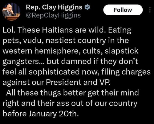 Rep. Clay Higgins (R-La.) posted a threatening tweet on Sept. 25, 2024, based on debunked claims about Haitian immigrants in Springfield, Ohio.